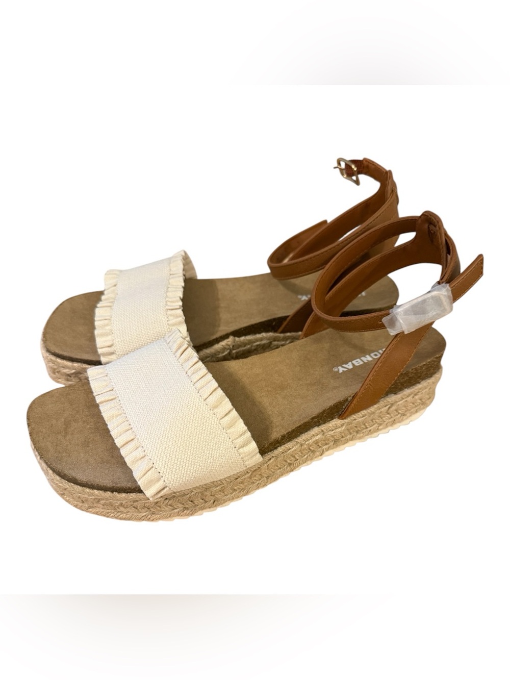 UNIONBAY Cream Ruffle Espadrille Slide Sandals with Tan Ankle Wrap